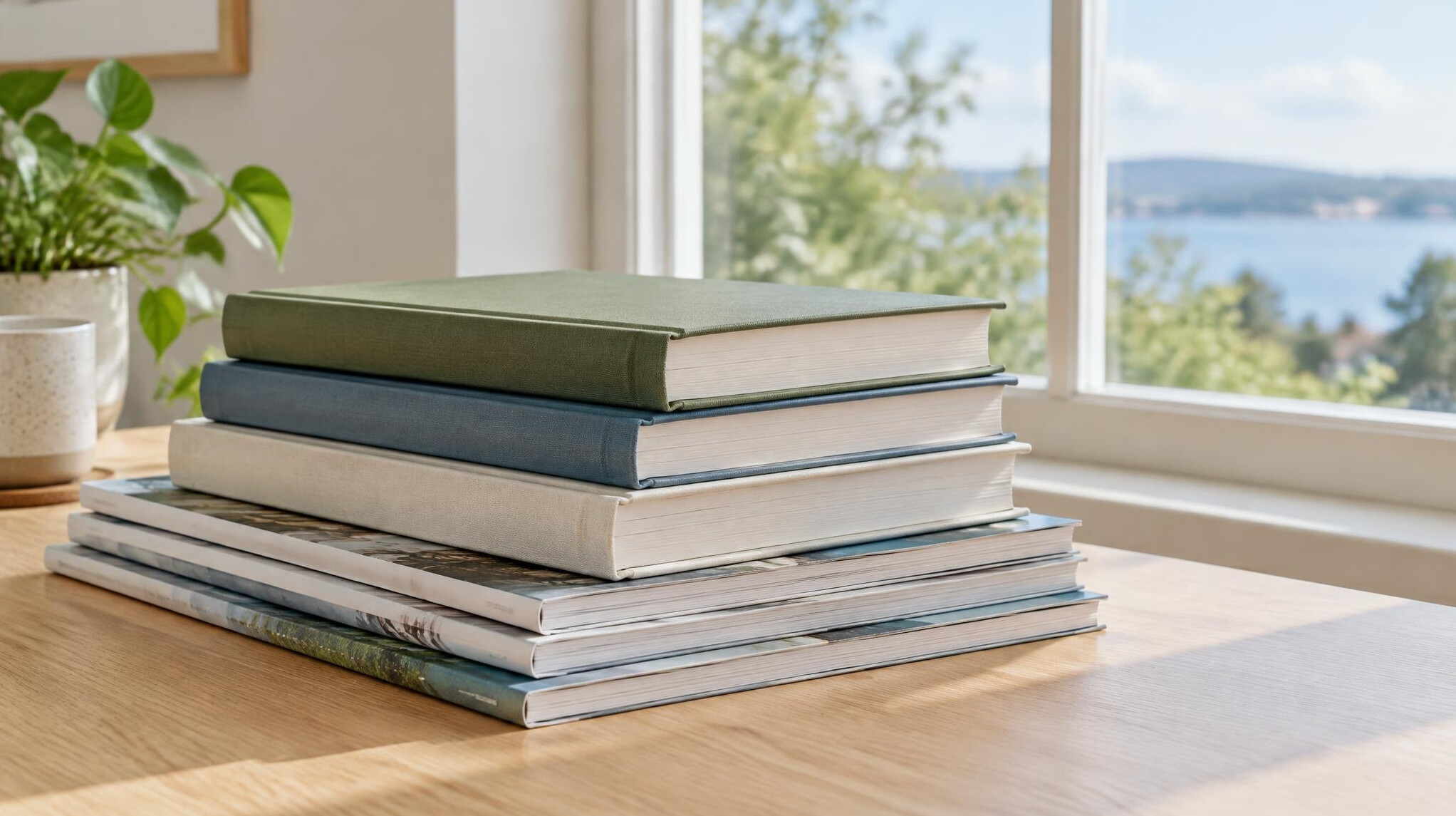Stack of books and magazines on a table