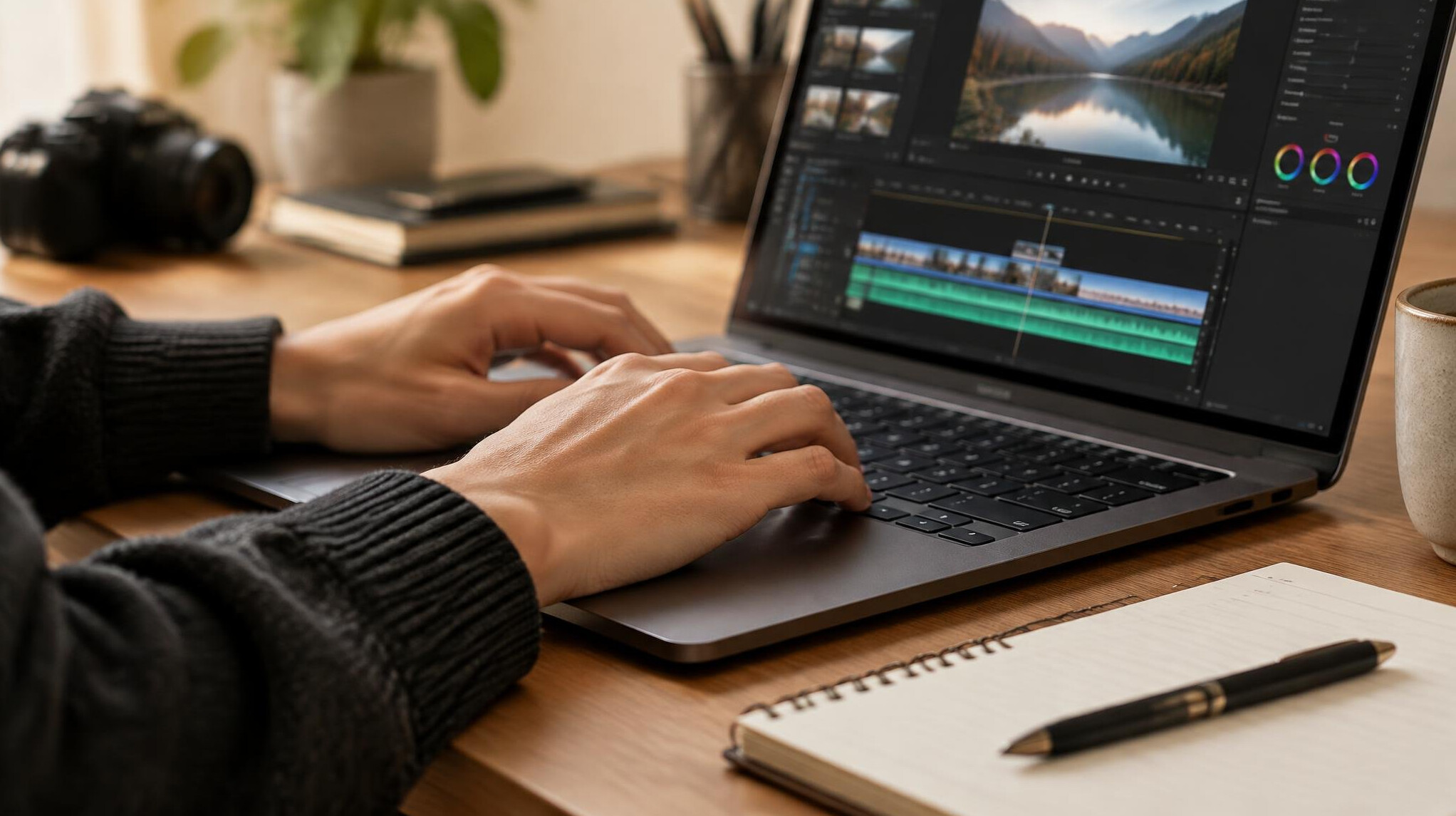 Hands typing on a laptop next to a notebook at an editing desk