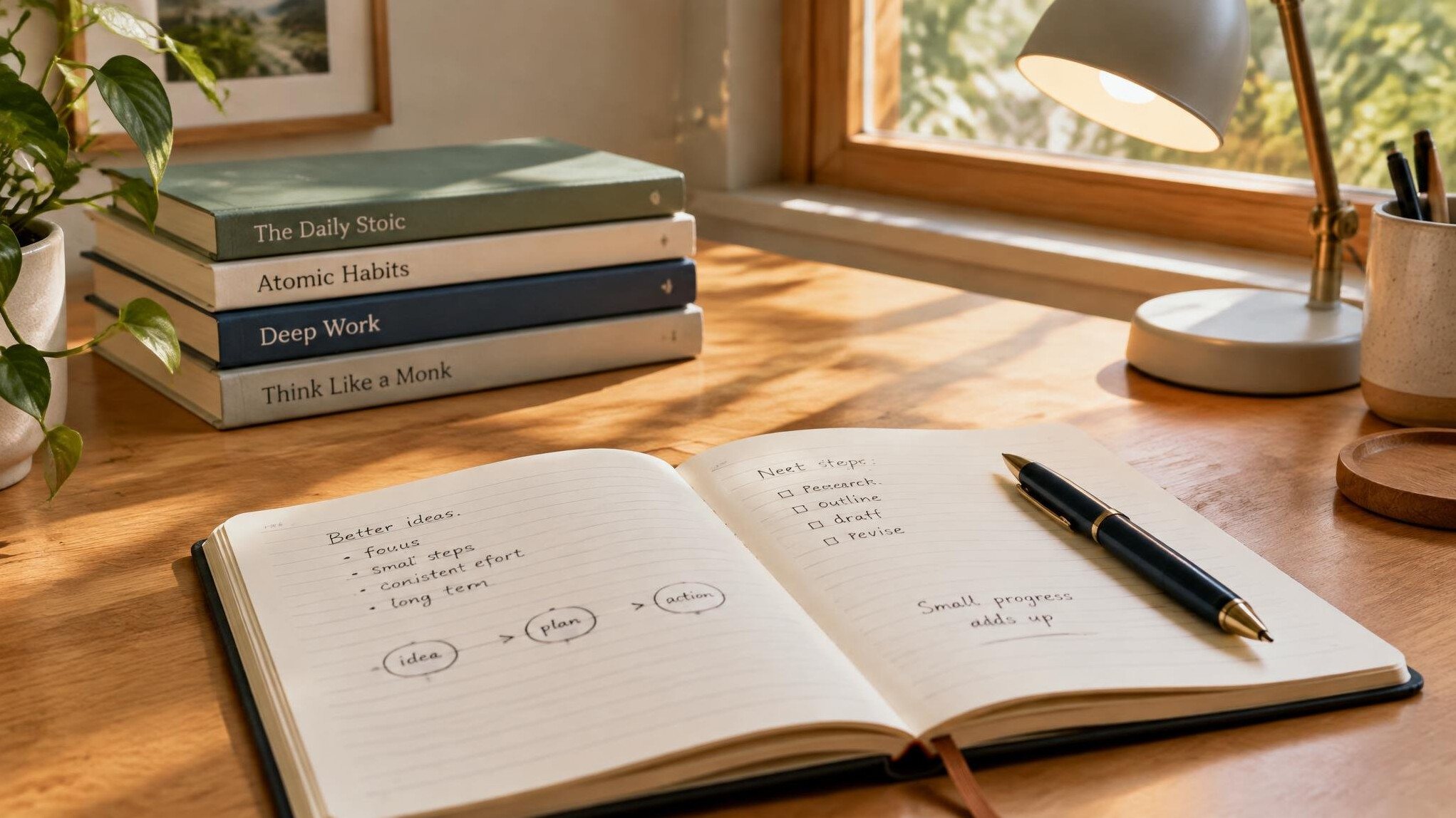 Open notebook with pen and reference books on a desk